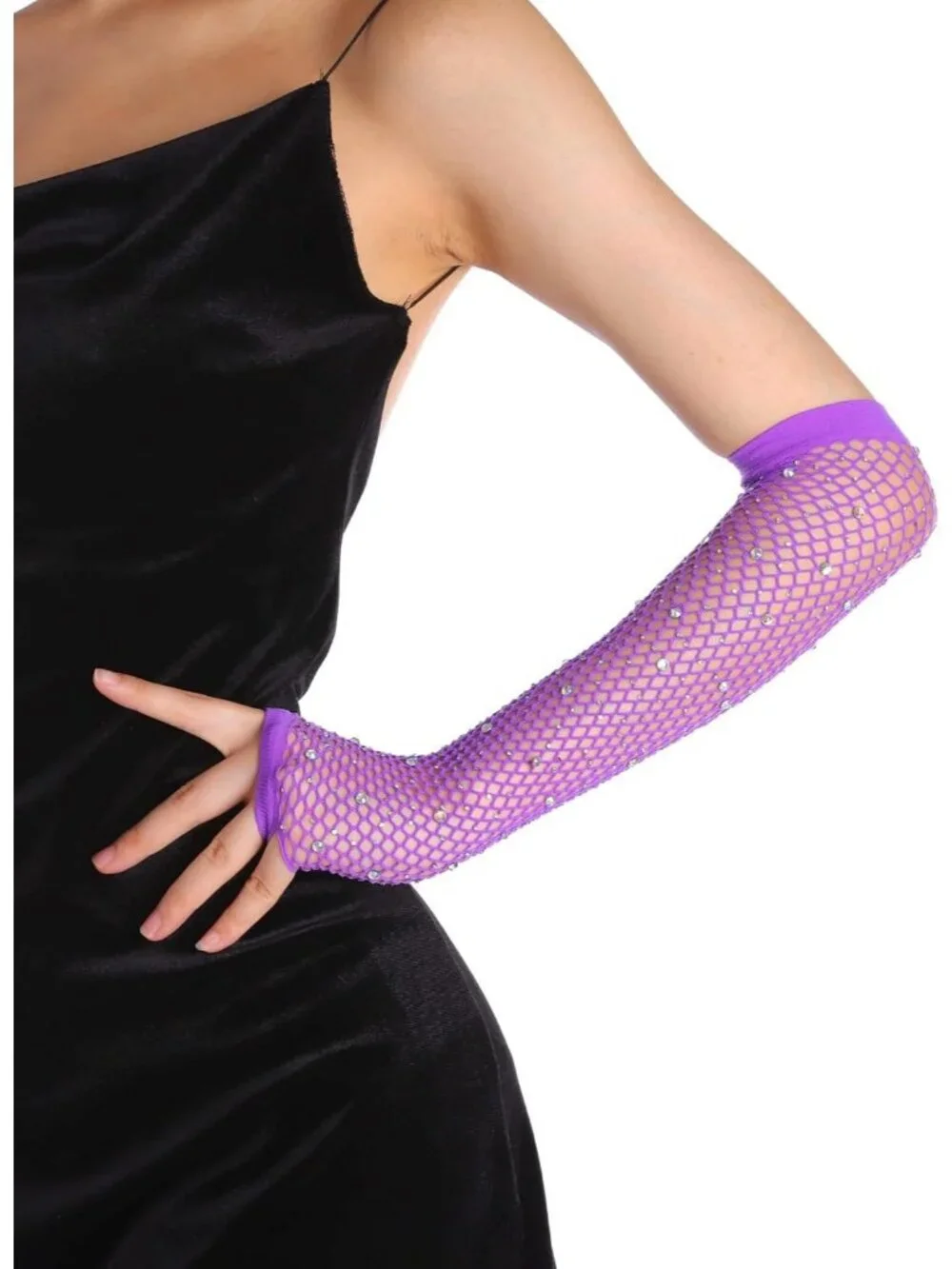 Women's Purple Rhinestone Fishnet Fingerless Gloves 80s Emo Scene Arm Cuffs